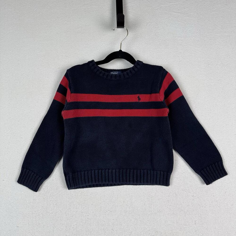 Vintage Polo Ralph Lauren Black Red Striped Pullover Crewneck Sweater Boys Sz‎ 5